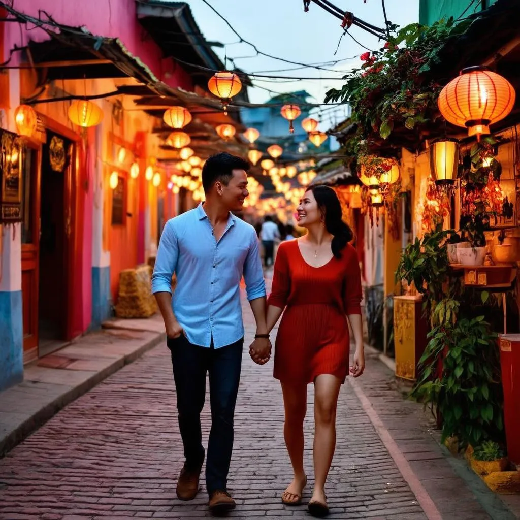 A couple holding hands and walking through the vibrant streets of Hoi An.