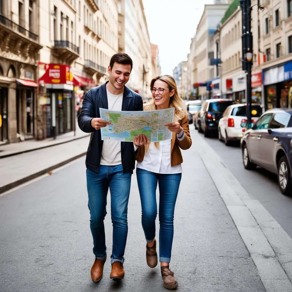 Couple using a map to navigate a new city