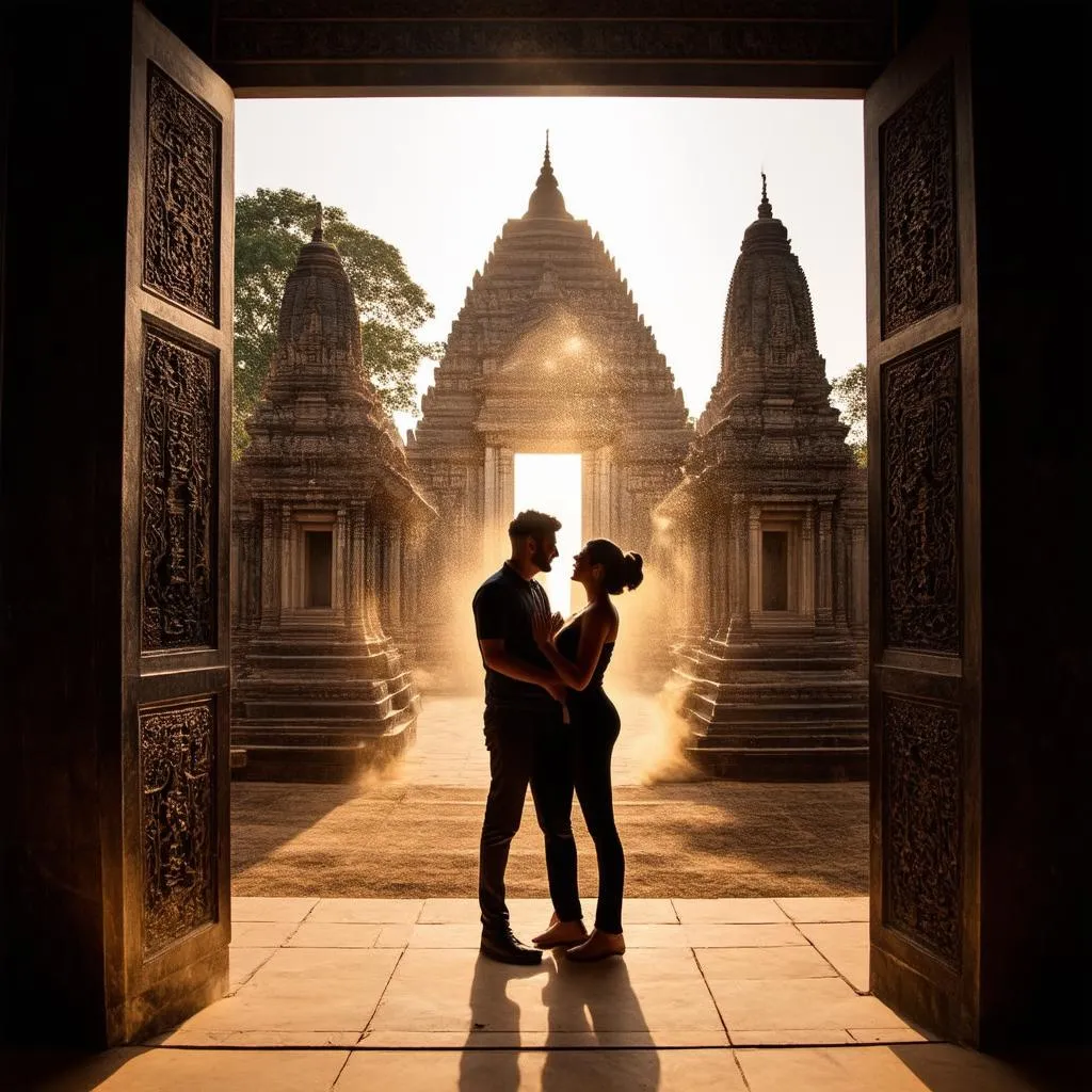 A couple exploring an ancient, ornate temple, sunlight streaming through the entrance.