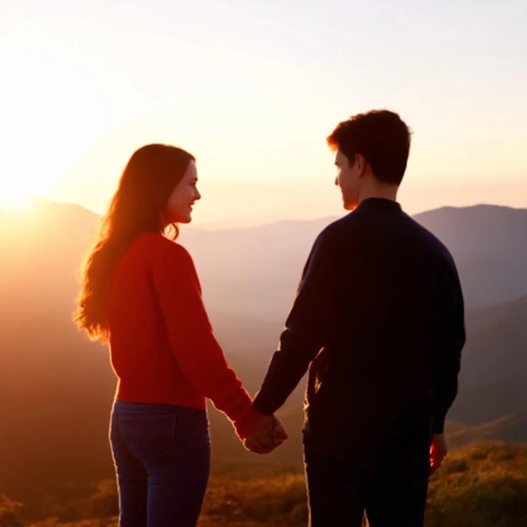 Couple gazing sunset on mountain