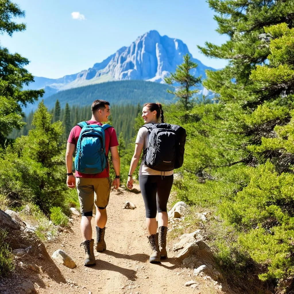 A couple hiking on a trail through a forest with mountains in the background.