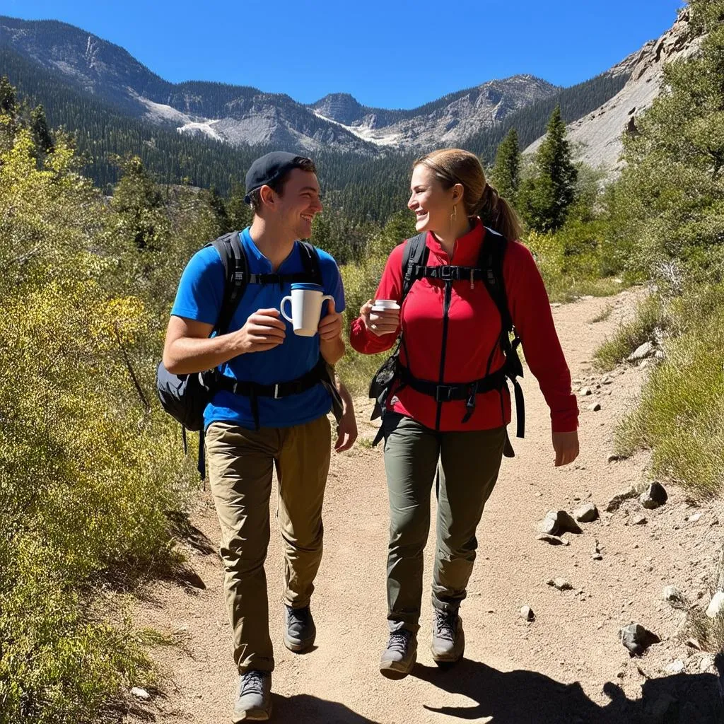 Couple Hiking with Traveler Mugs