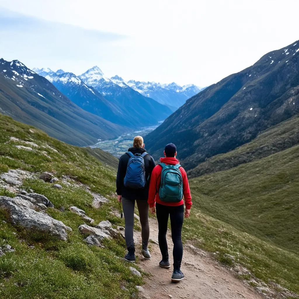 A couple hiking on a mountain trail with stunning views