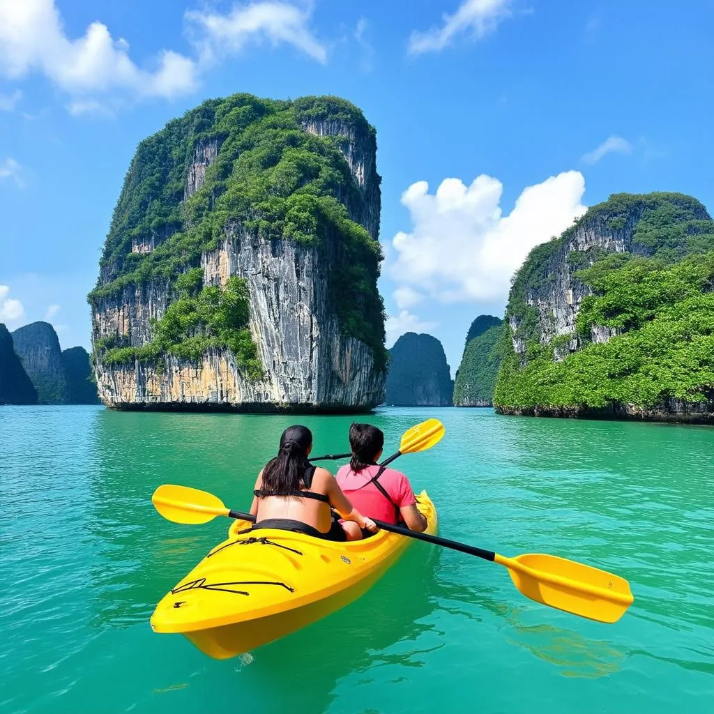 Couple kayaking in Ha Long Bay, Vietnam