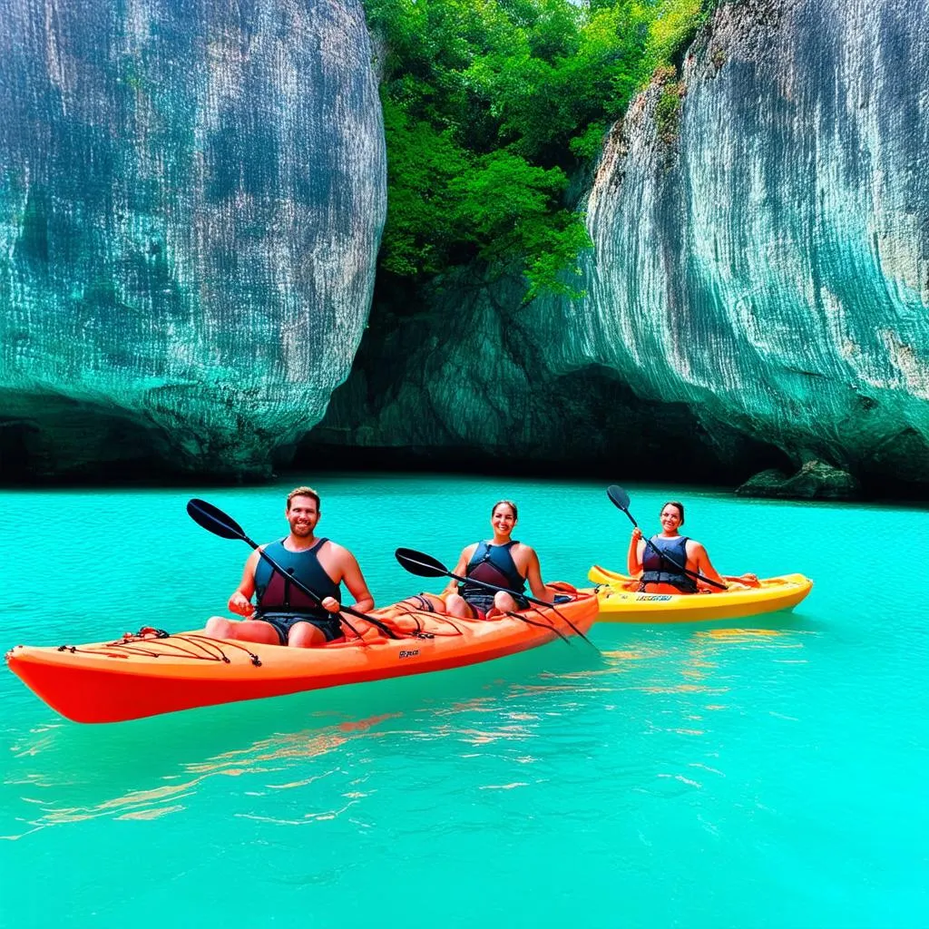 Couple kayaking in pristine blue water