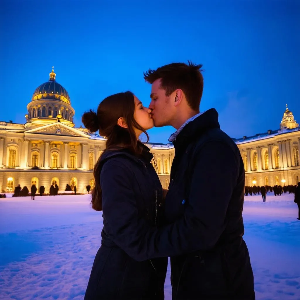 Couple under white night sky 