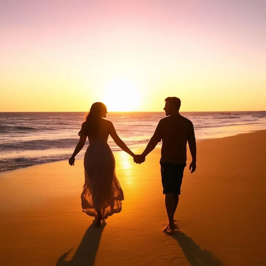 couple walking on beach at sunset