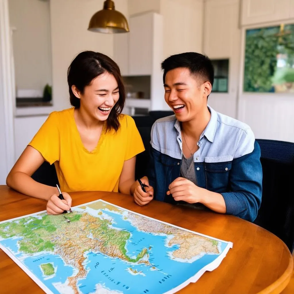 couple planning trip with map