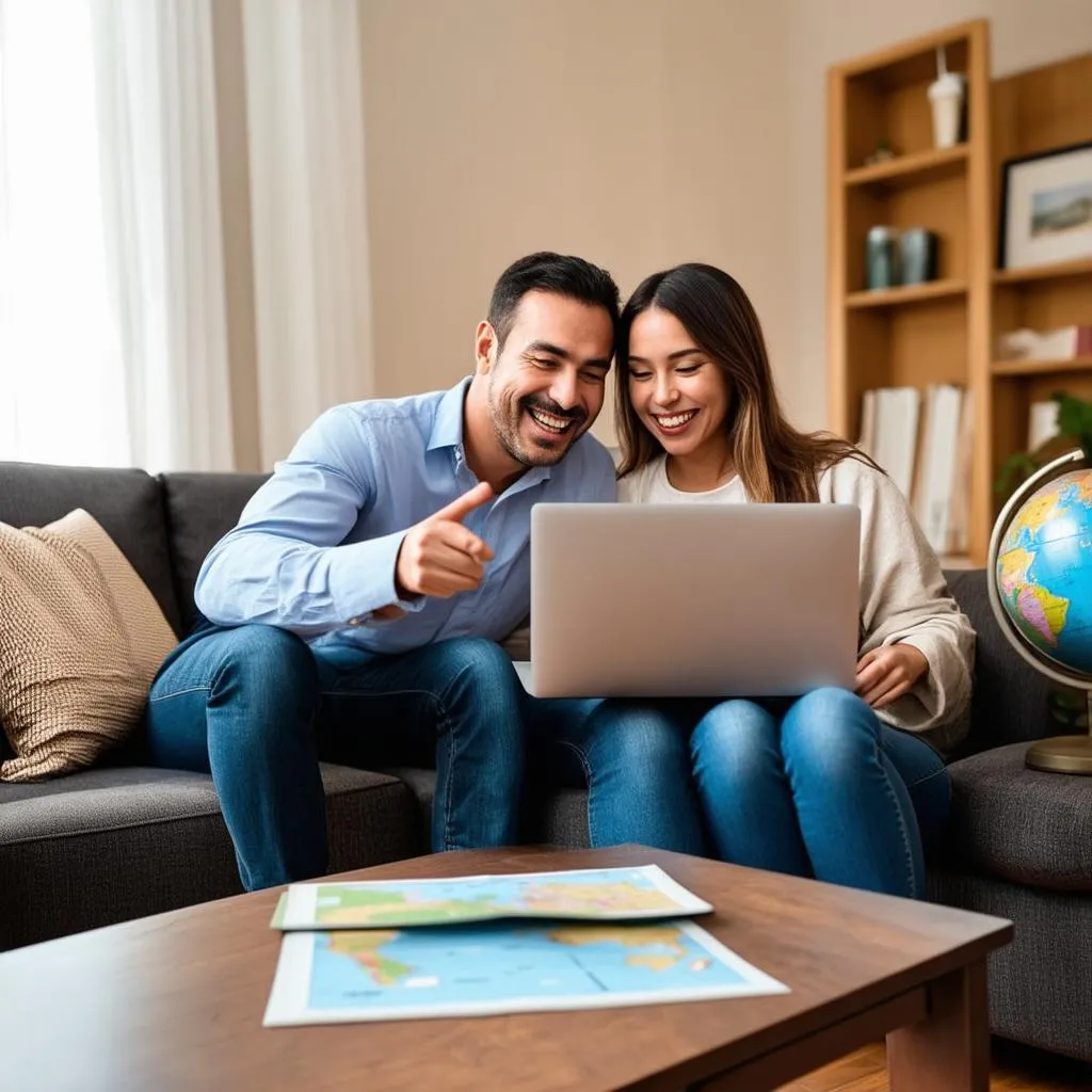 couple planning their next adventure using a laptop