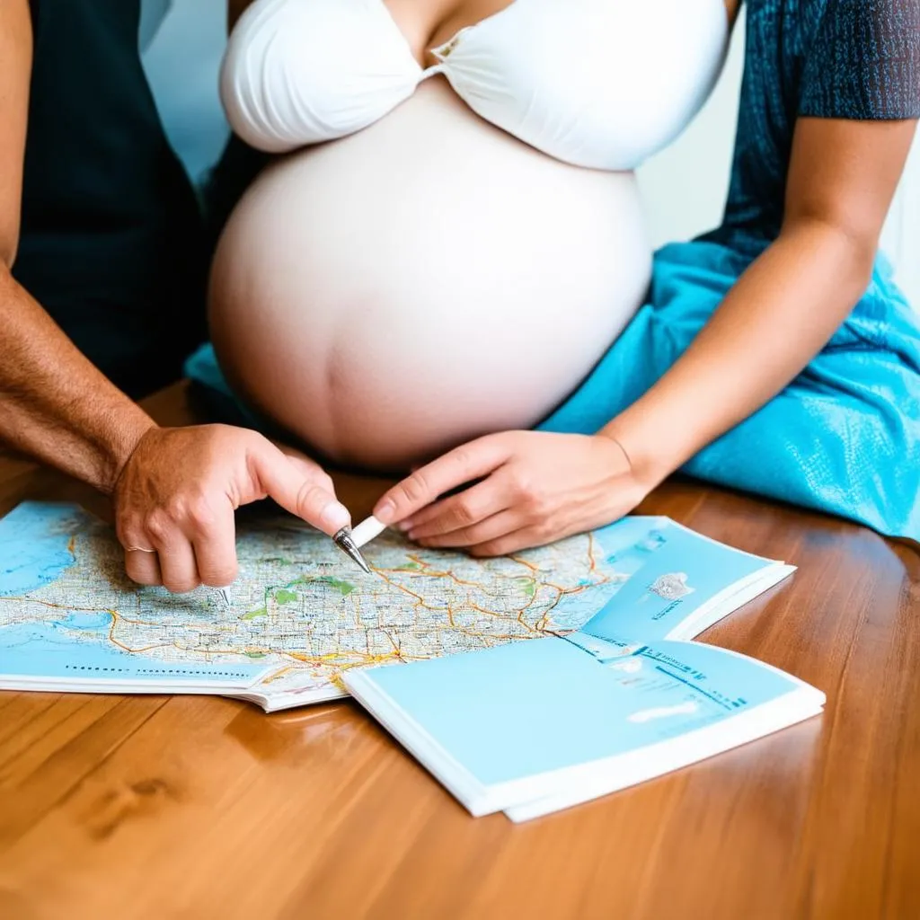 Smiling couple planning their trip using a map and guide books