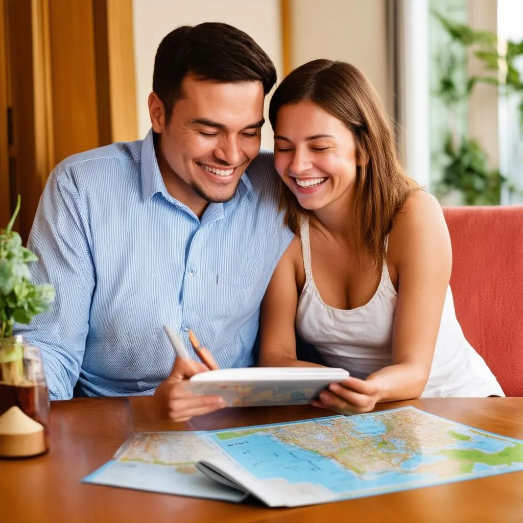 couple planning a trip using a map and guide book