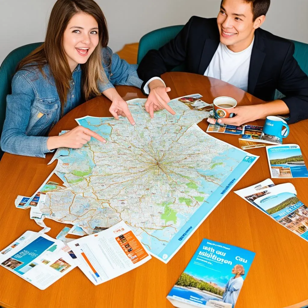 couple planning a trip with map