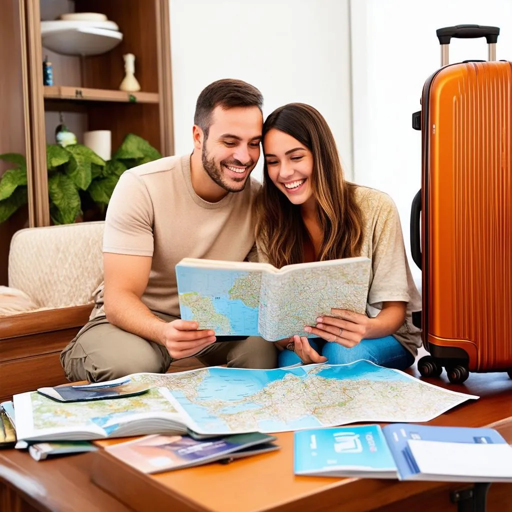 couple planning trip with map