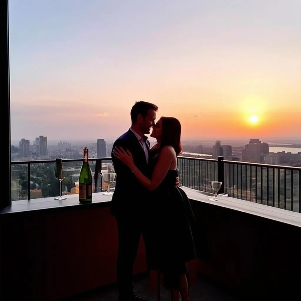 couple enjoying wine on their private balcony with a breathtaking cityscape view