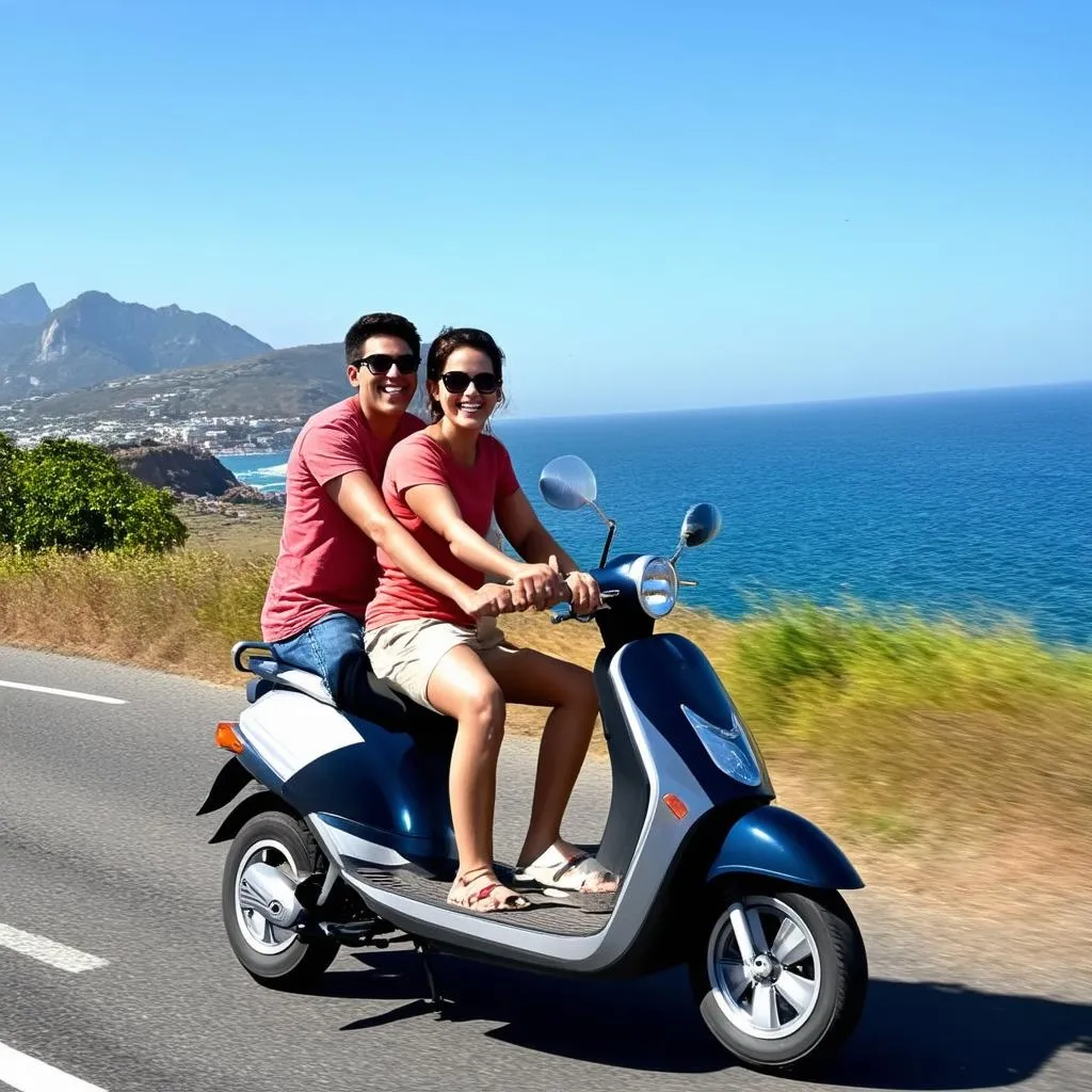 Couple Riding Scooter on Coastal Road