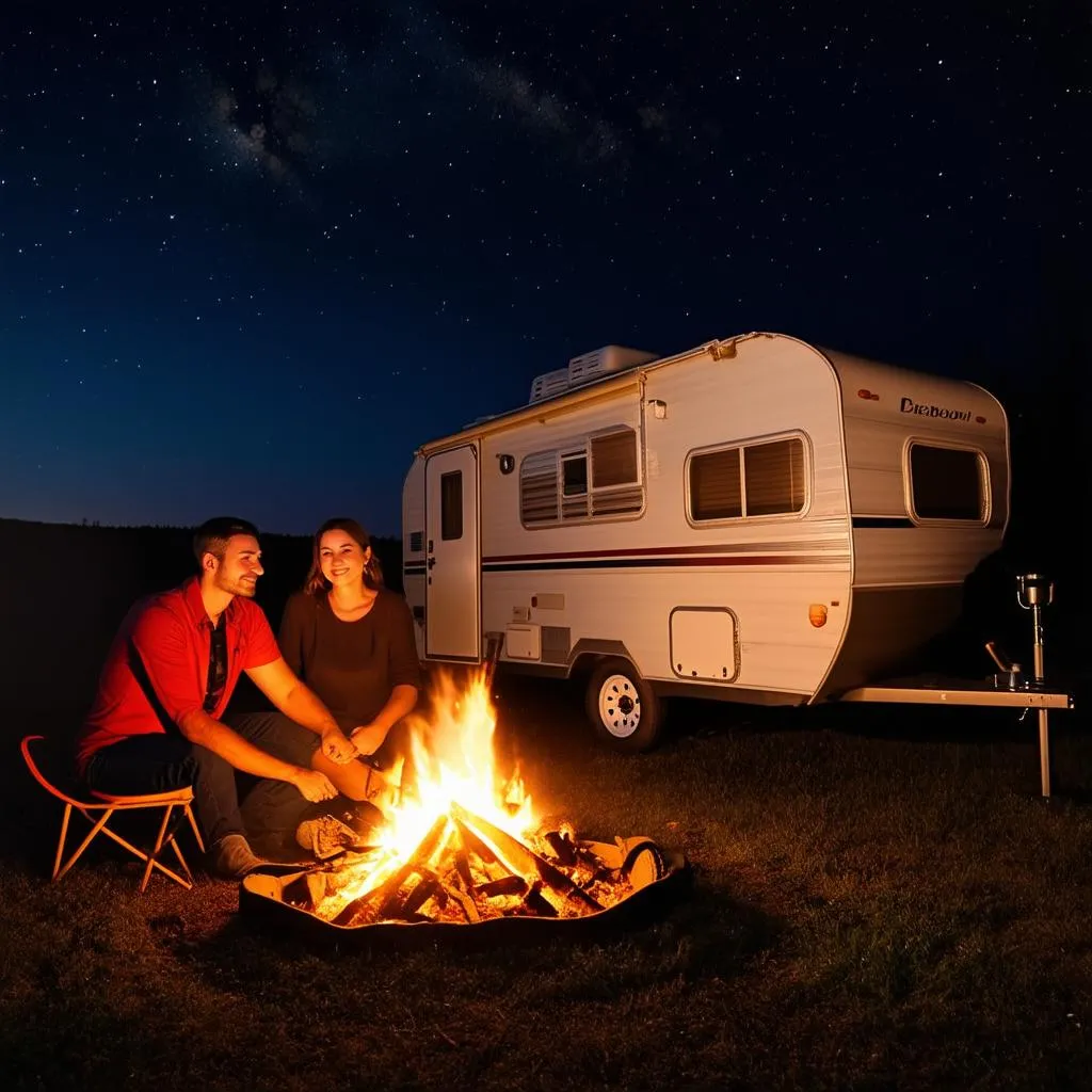 Couple by Campfire Near Travel Trailer