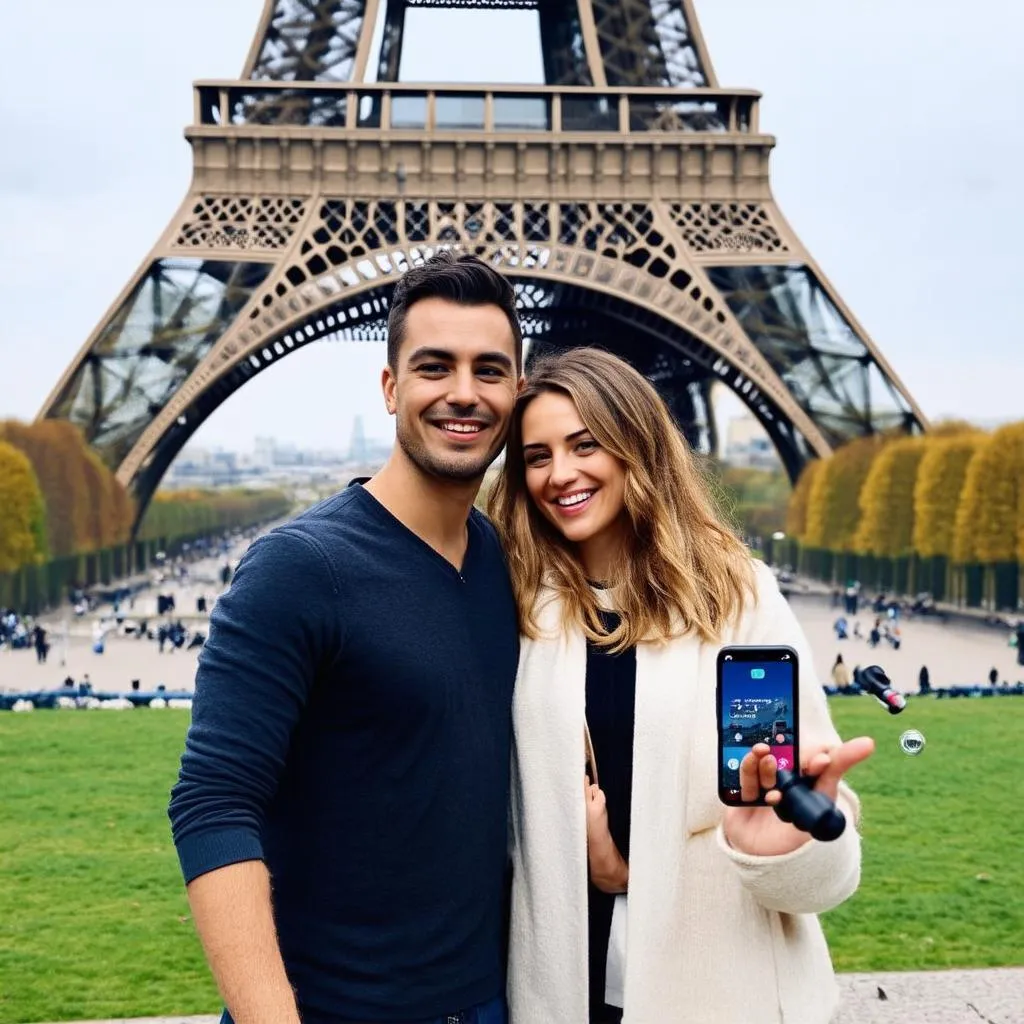 couple using selfie stick near Eiffel tower