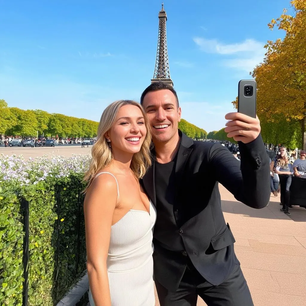 Couple taking selfie at Eiffel Tower