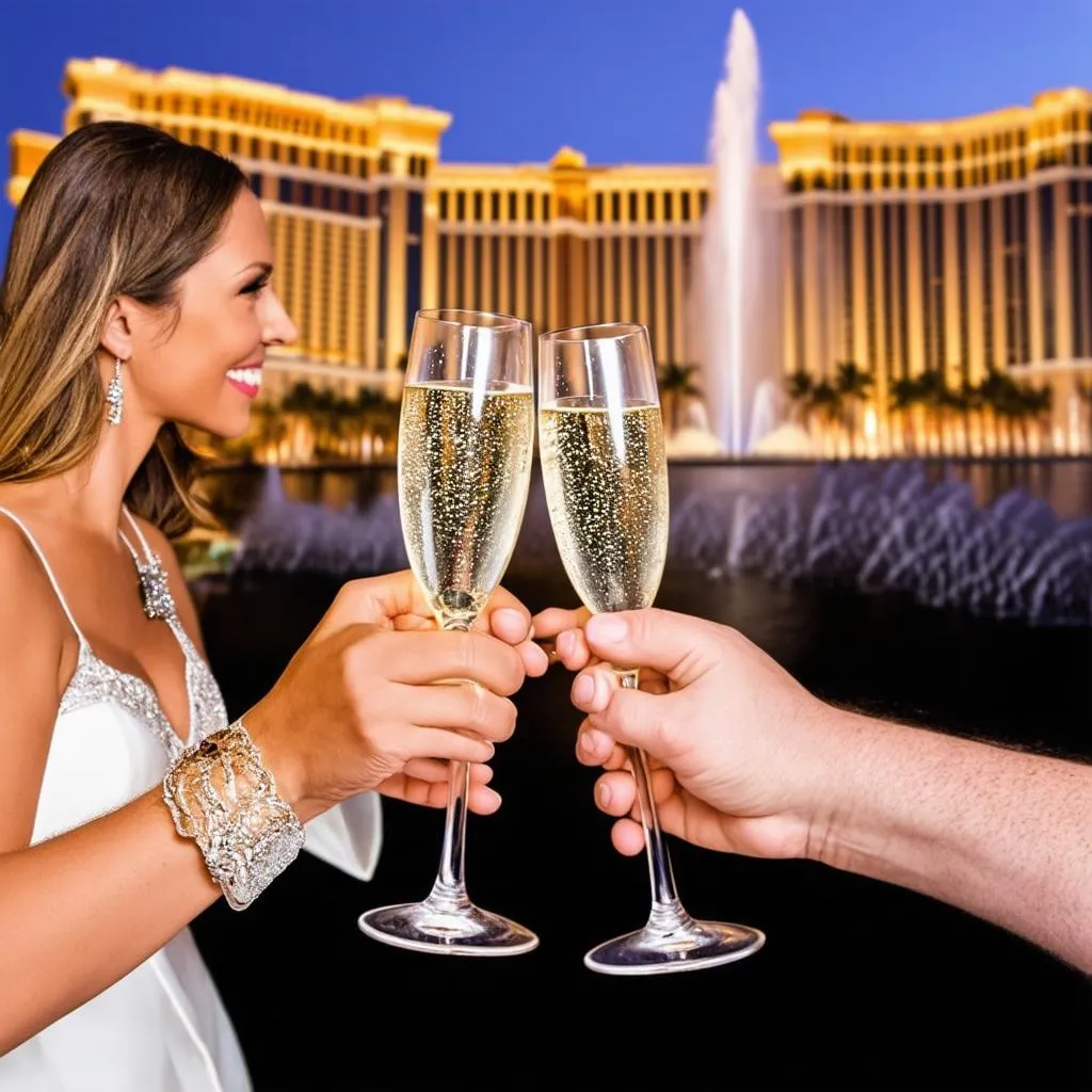 Romantic couple celebrating with champagne in Las Vegas