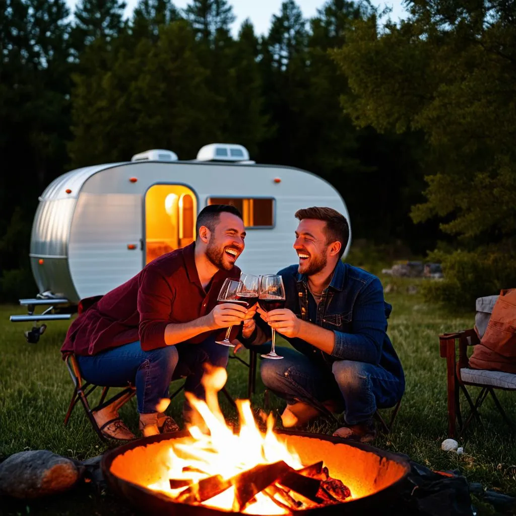 Couple toasting wine glasses in a travel trailer