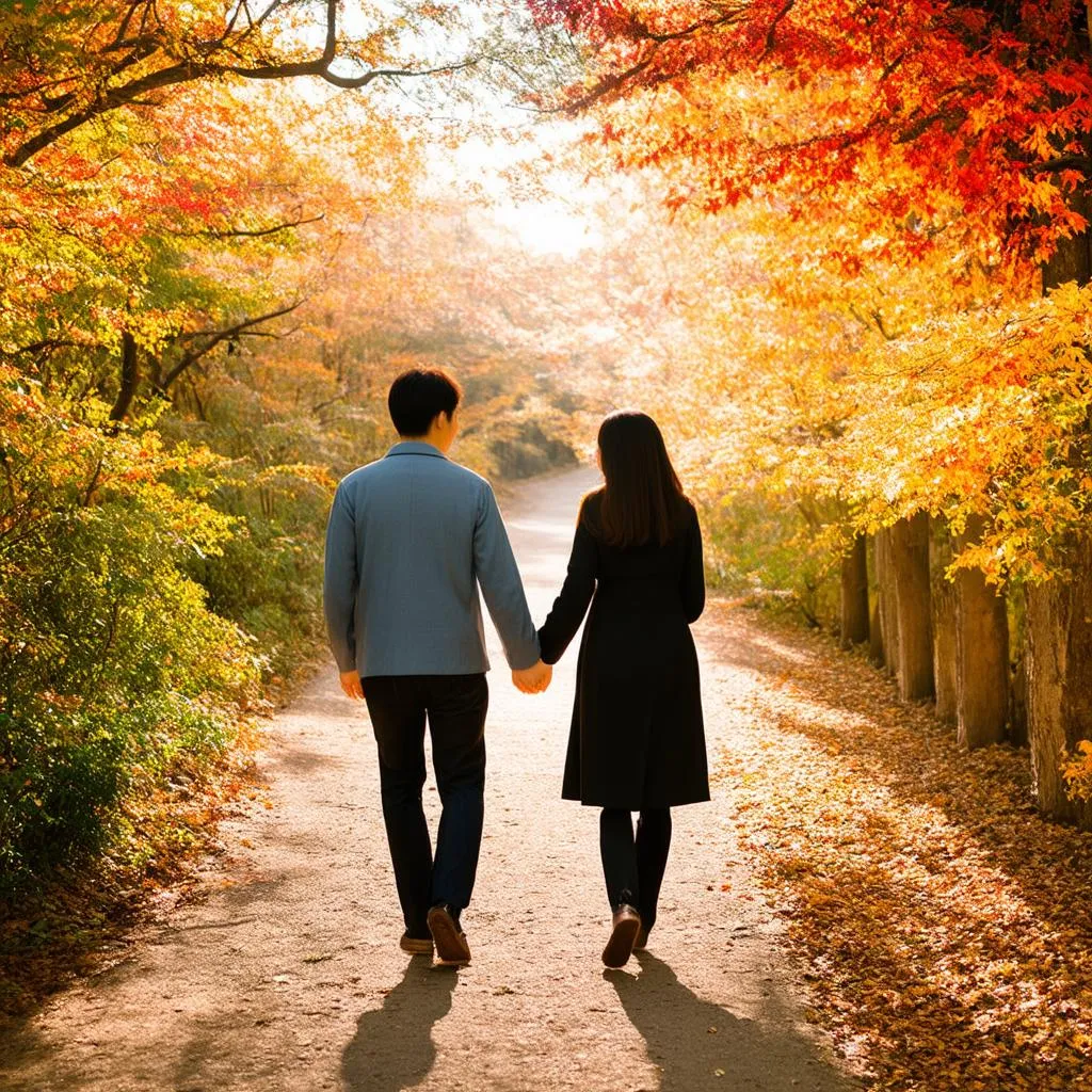 Couple walking in autumn forest