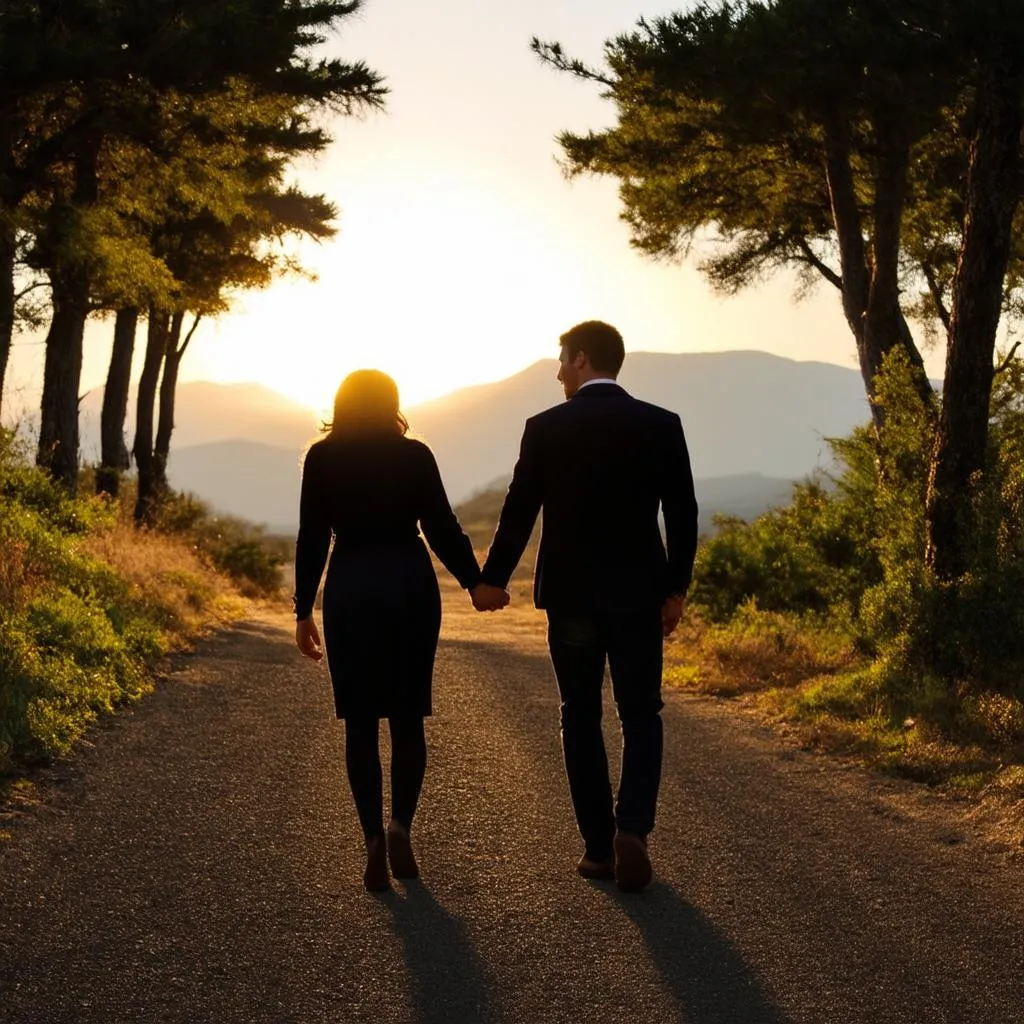 couple holding hands walking on a path