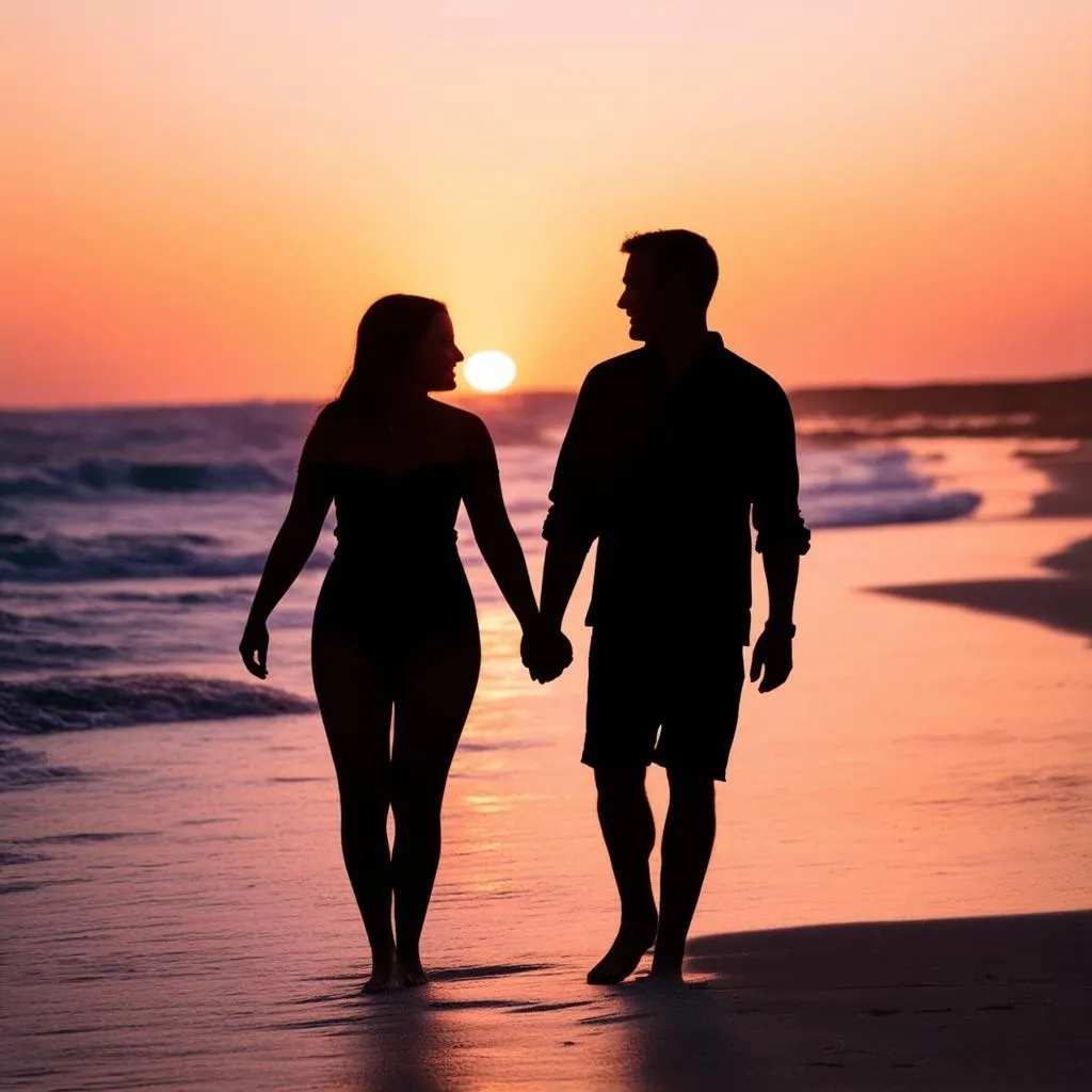 Couple walking hand in hand on beach at sunset