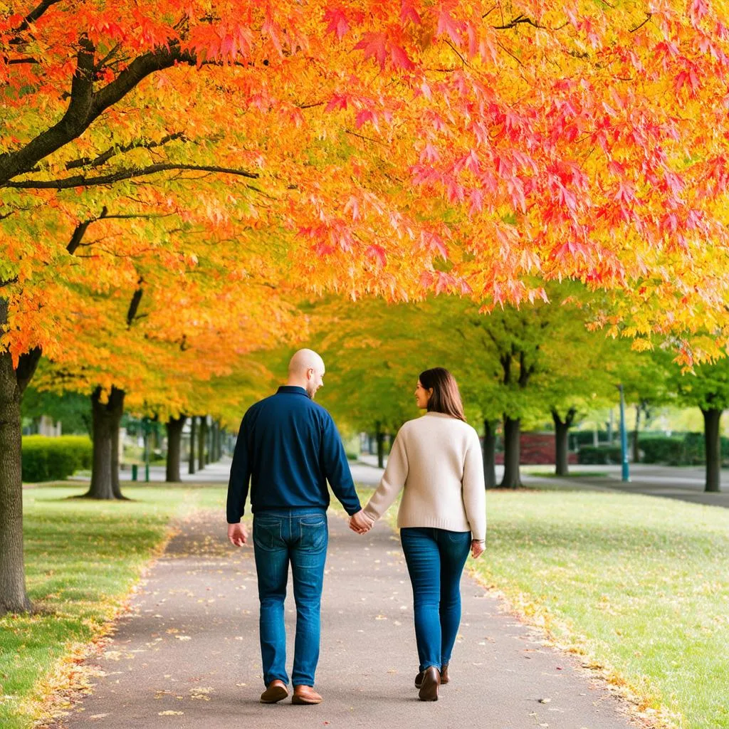 couple walking under maple trees