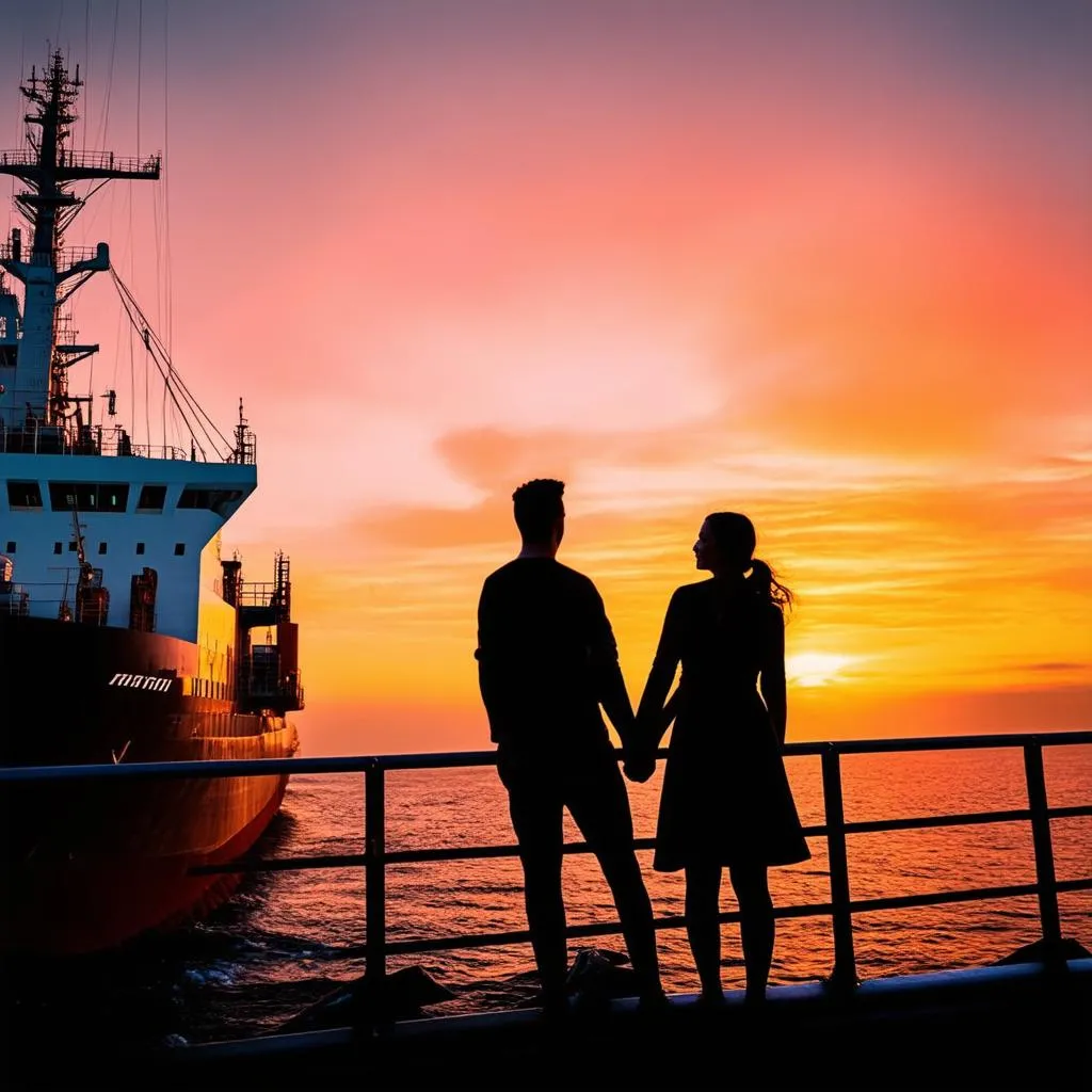 Couple on Freighter Ship Watching Sunset