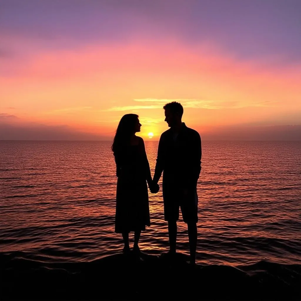 Couple silhouetted against a vibrant sunset over the ocean 