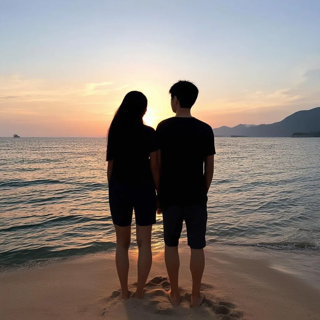 Couple watching sunset Quy Nhon Beach