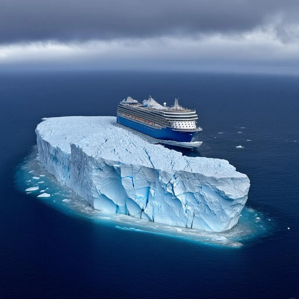 Cruise ship dwarfed by a massive iceberg in Antarctica