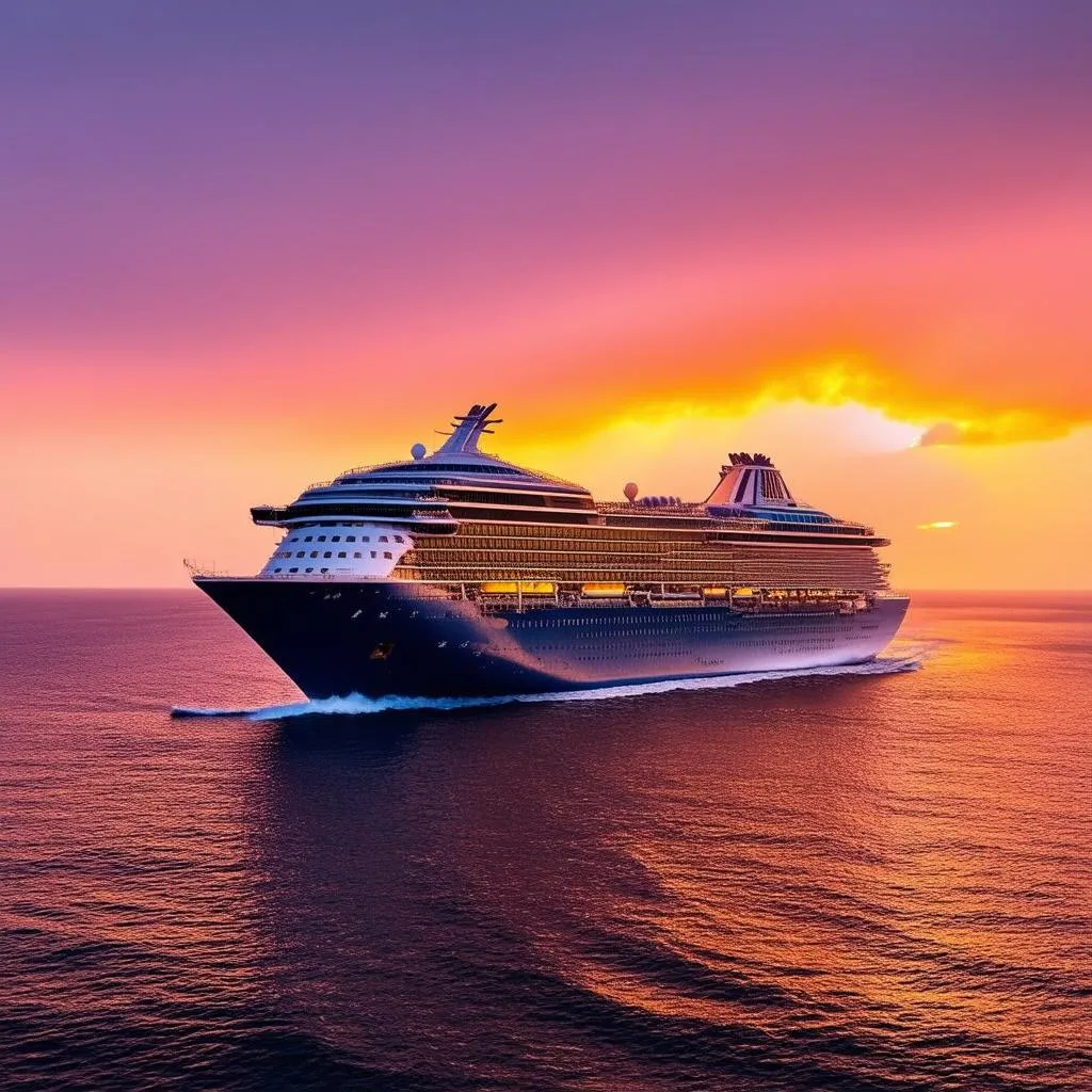 cruise ship at sunset