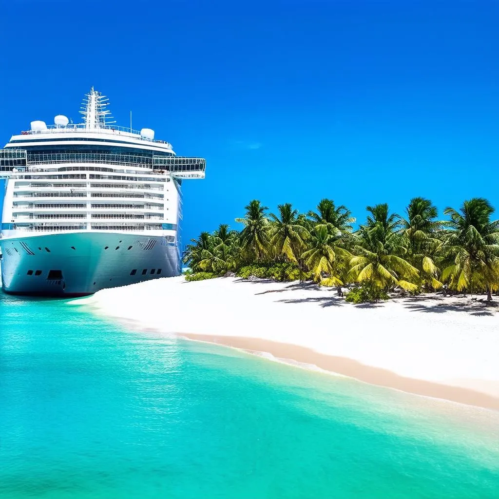 Luxurious cruise ship docked near a beautiful tropical island.