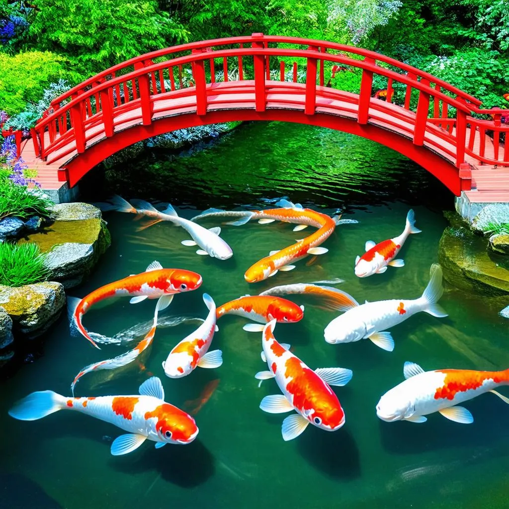 Red bridge over a koi pond