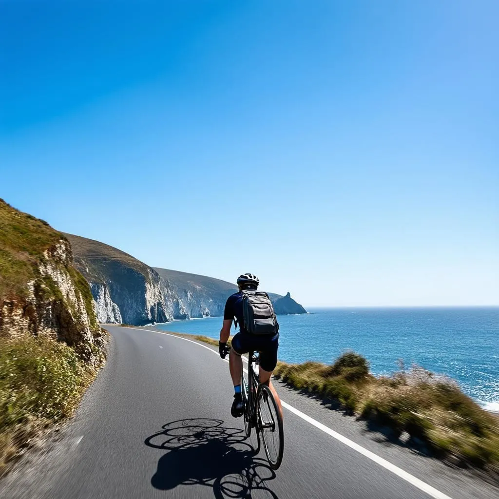 A cyclist riding along a scenic coastal road