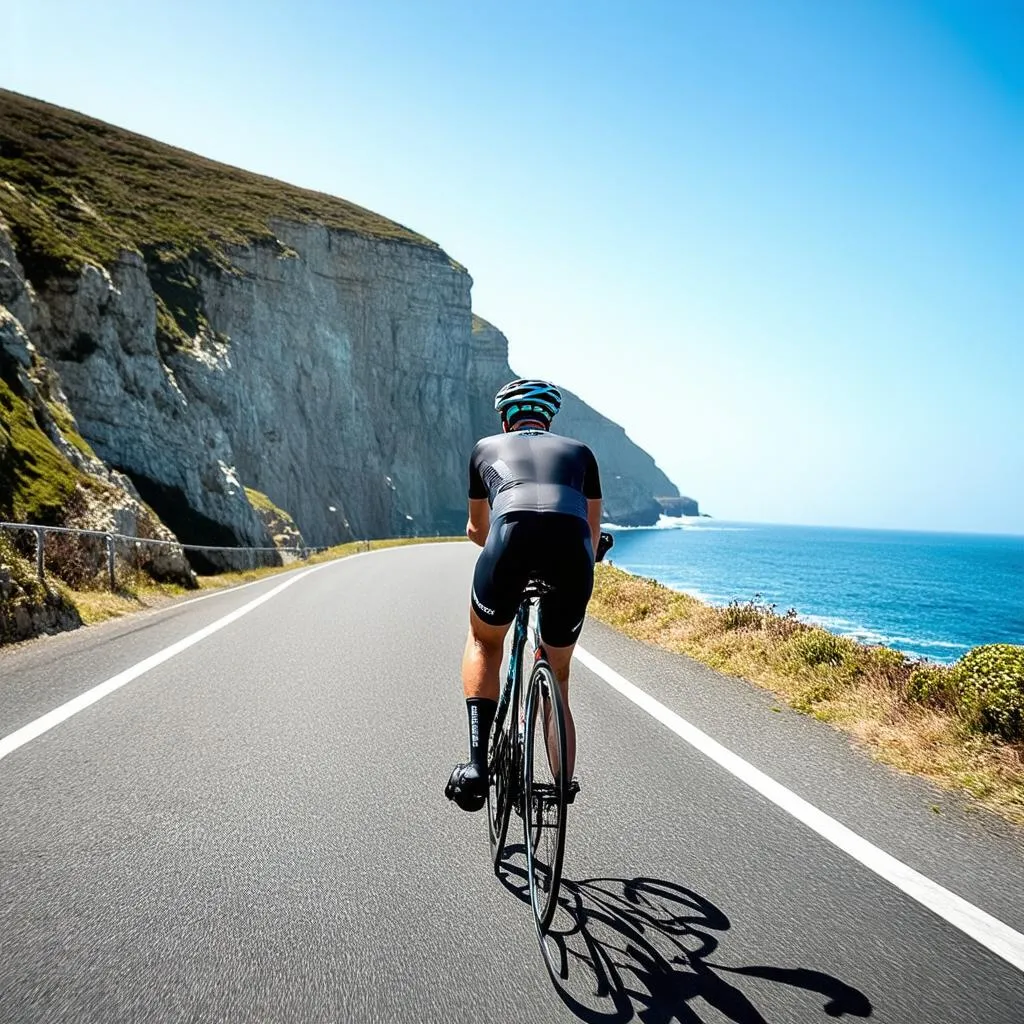 cyclist riding a bike on a coastal road