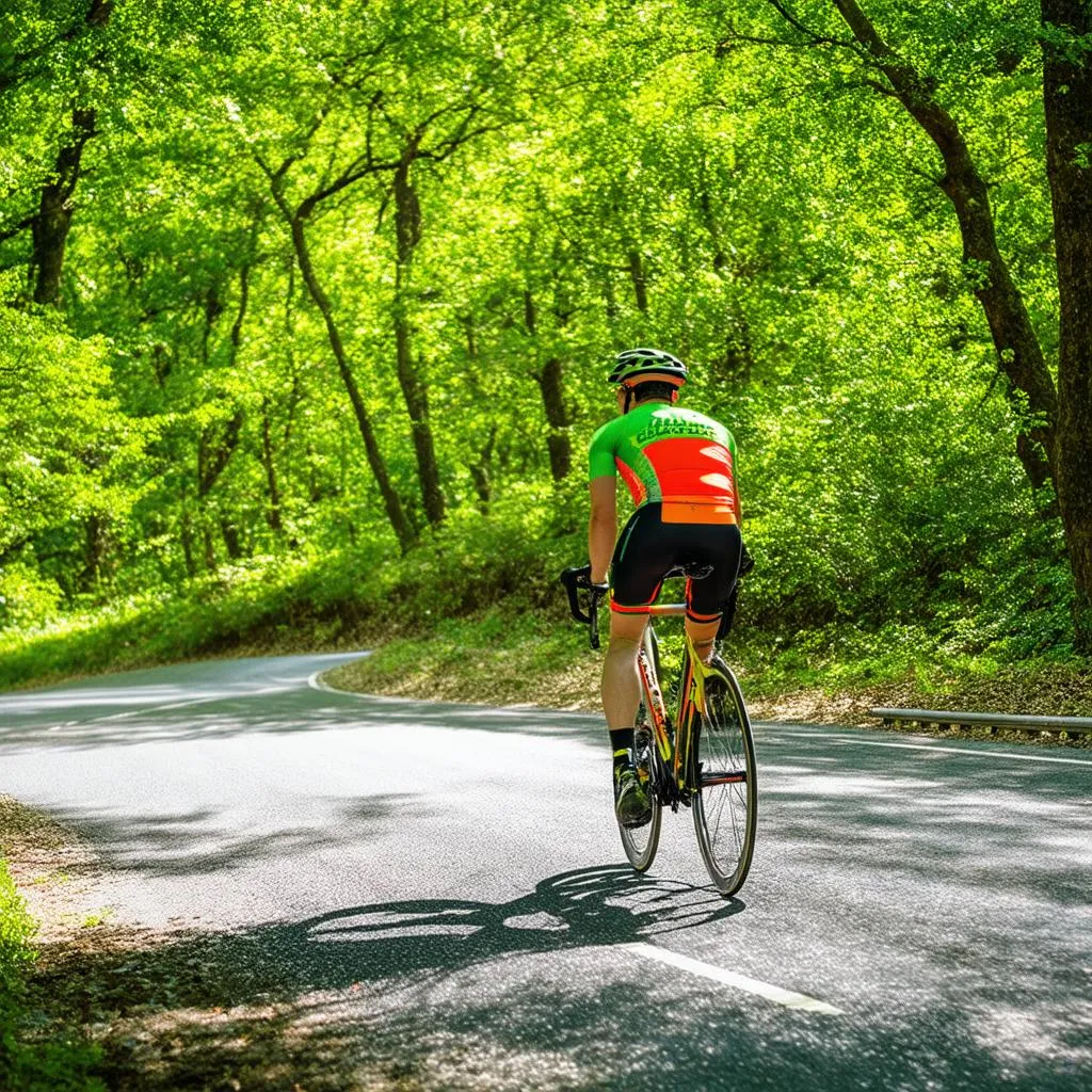 cyclist, winding road, scenic route