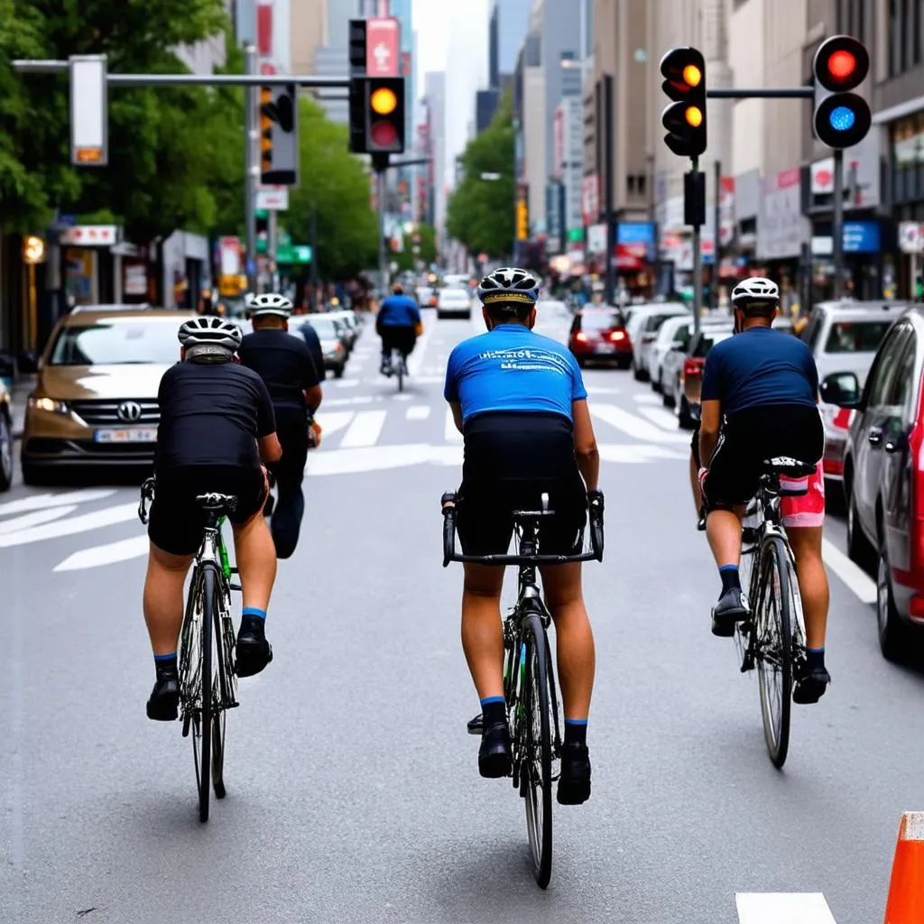  Cyclists Navigating a Busy City Street