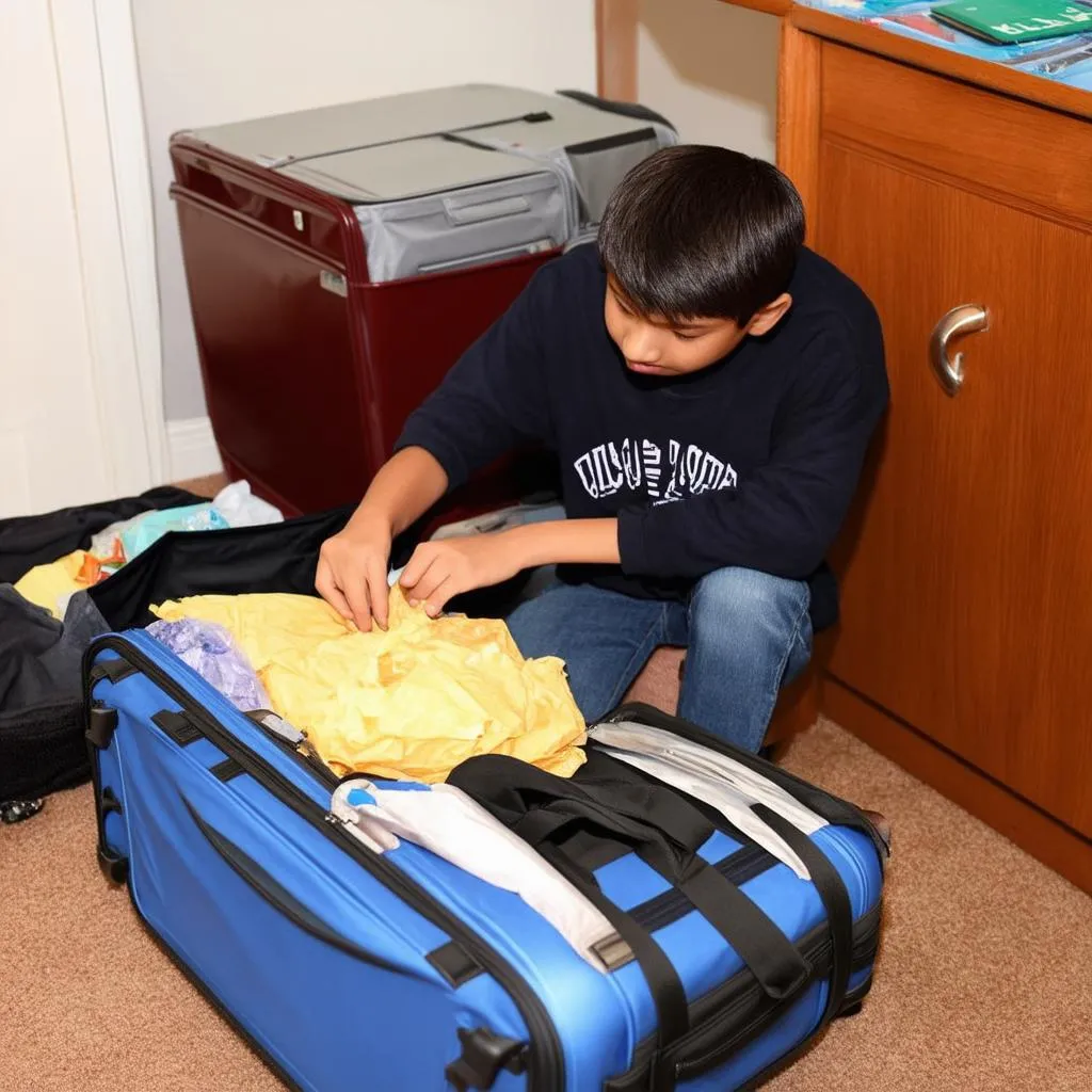 student packing suitcase for a trip abroad