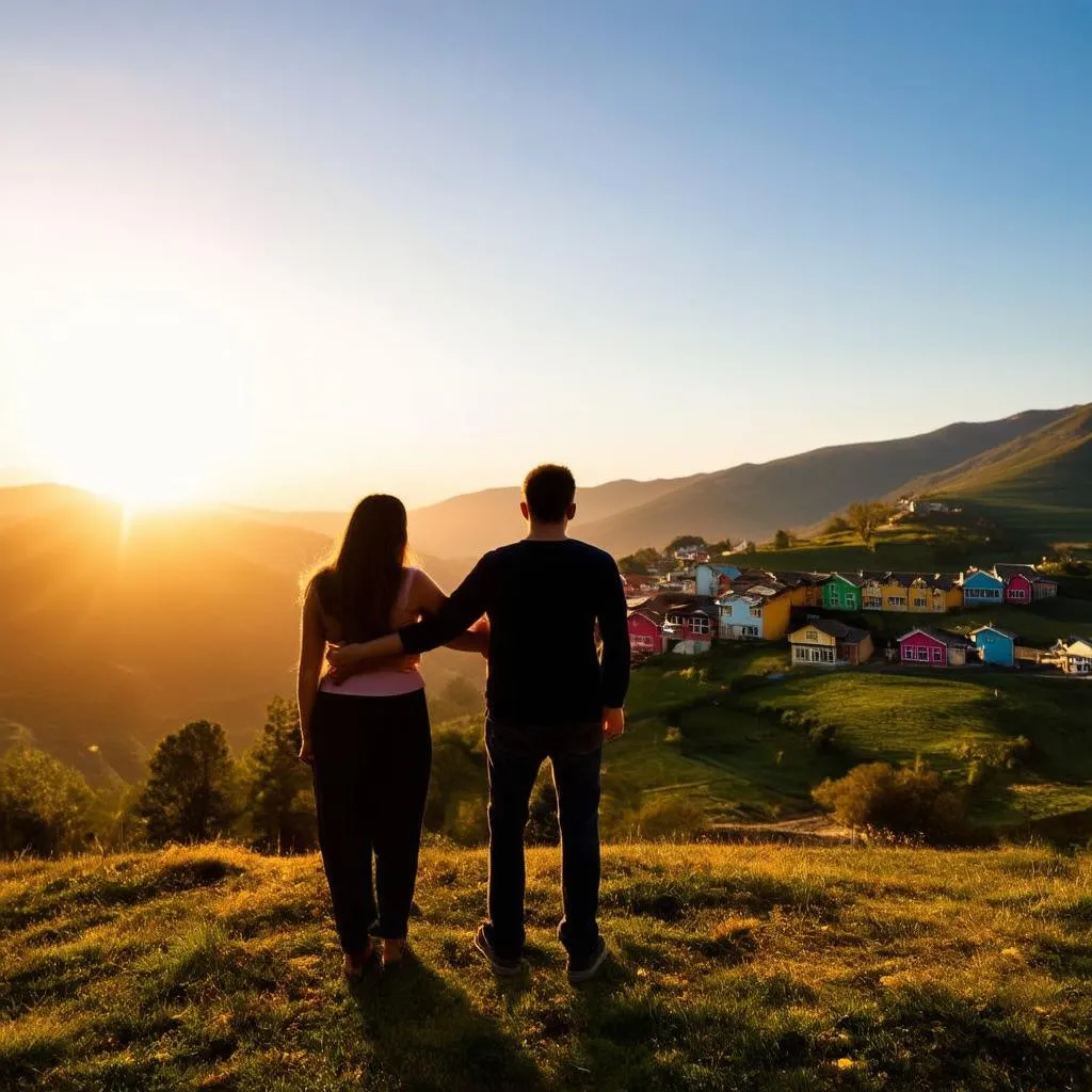 Couple admiring the view over Da Lat in the Central Highlands of Vietnam