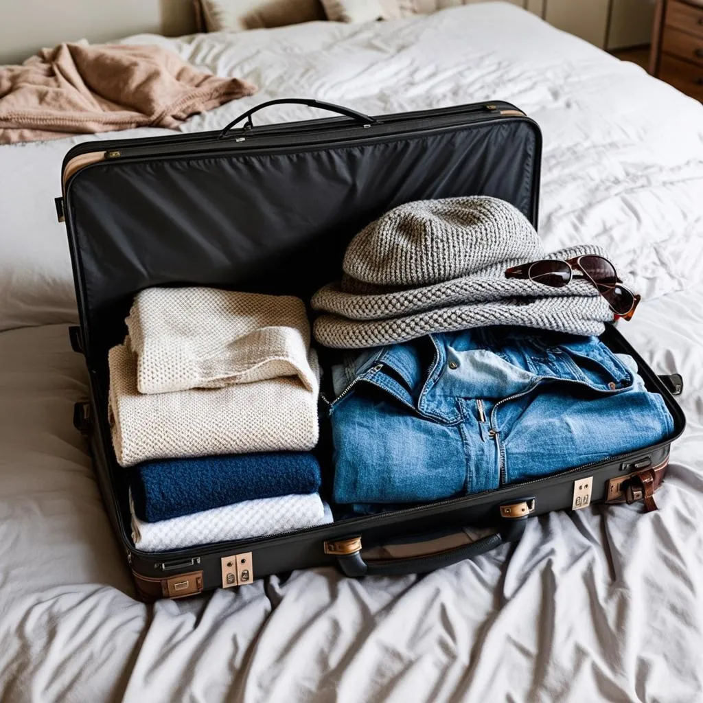 Tourist packing a suitcase with clothes for a trip to Da Lat.