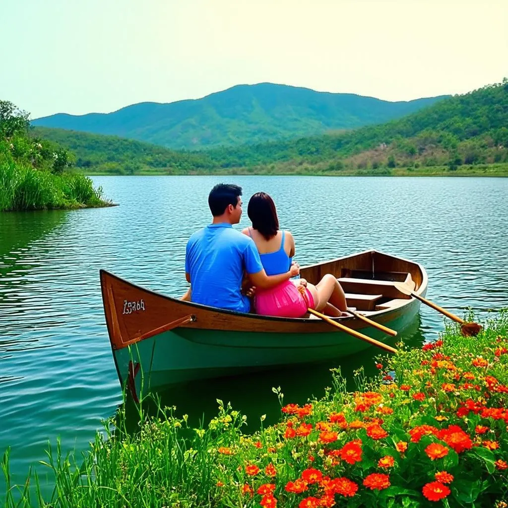 Couple taking a romantic boat ride on a lake in Dalat