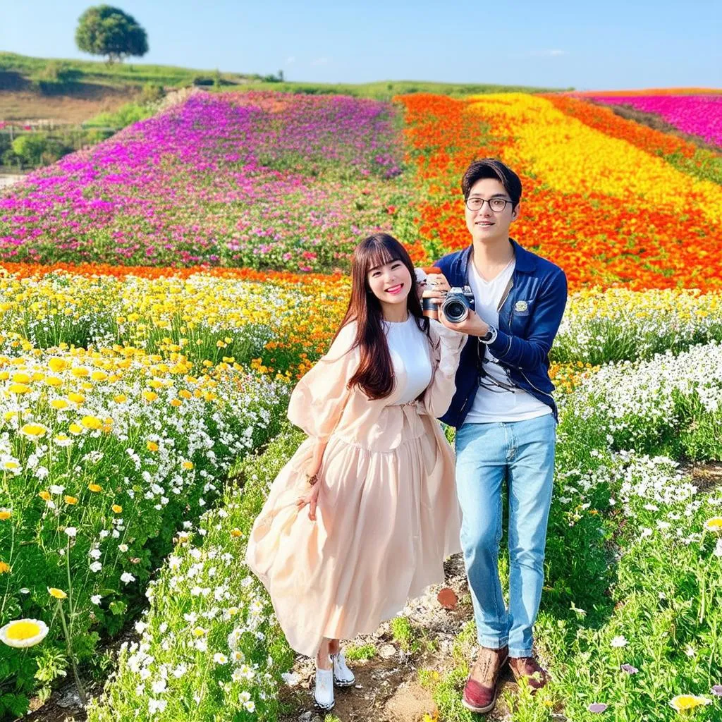 Couple taking photos in the flower fields