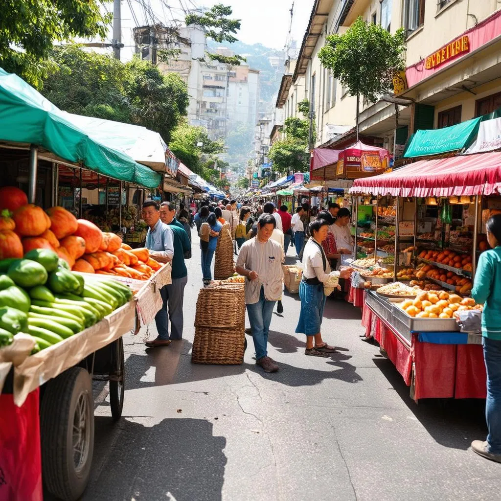 A vibrant street market in Da Lat with locals and tourists shopping.