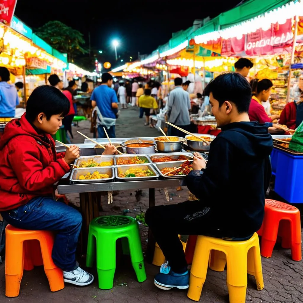 family enjoying street food in da lat