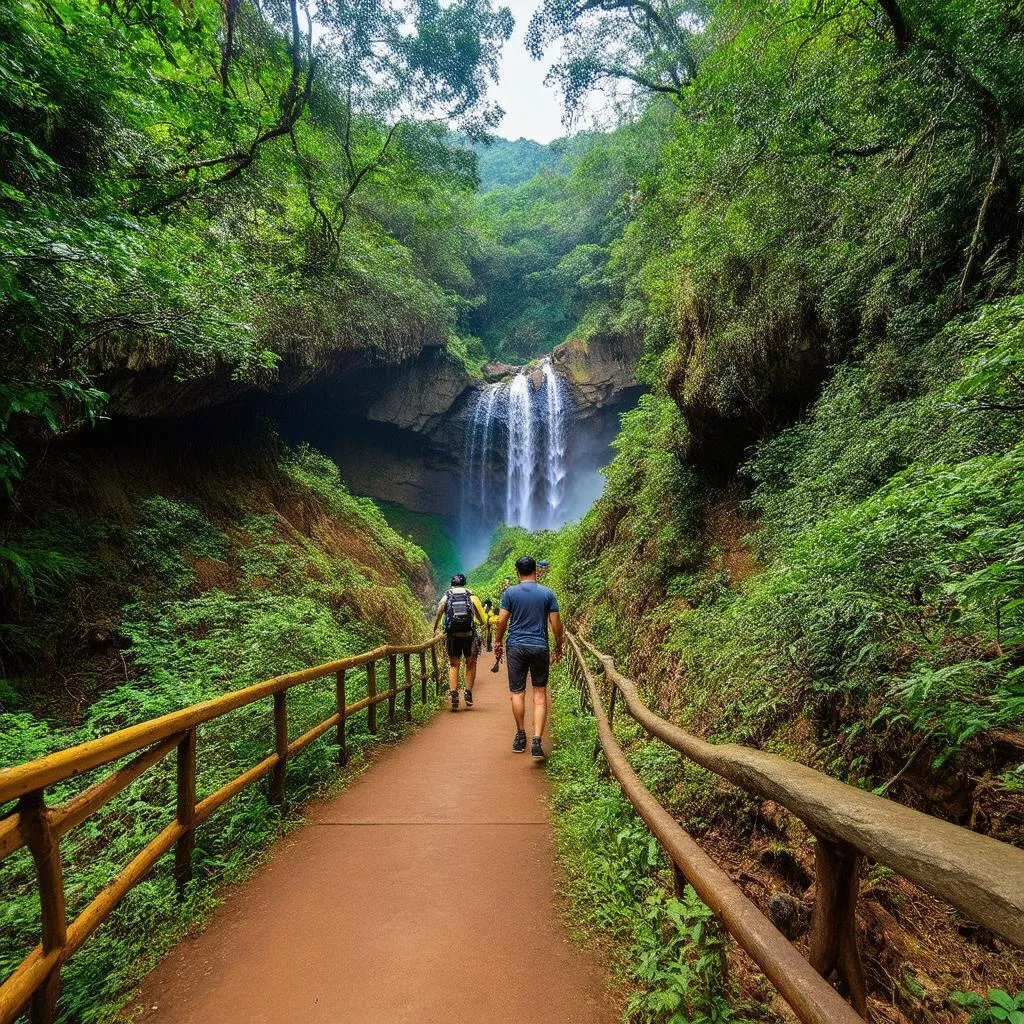 lush green forest trail leading to a waterfall