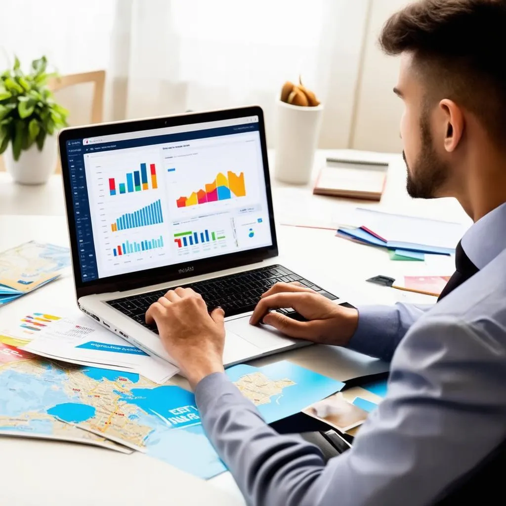 A person analyzing tourism data on a laptop, with graphs and charts on the screen