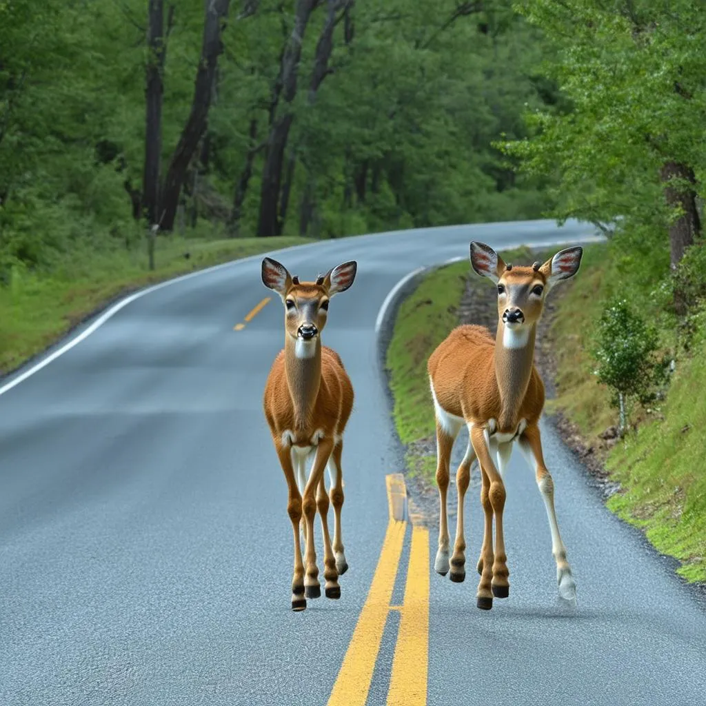 Whitetail deer cautiously crossing a road