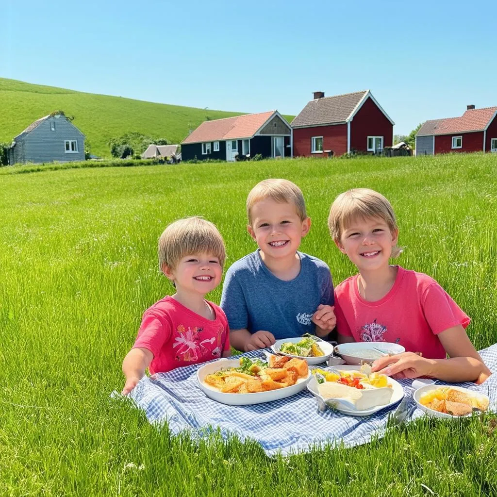 A family enjoying a picnic in a Danish meadow